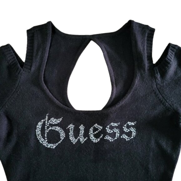 Vintage Y2K GUESS Women's Cutout Bling Rhinestone Logo Black Sweater  - Size L - Picture 2 of 7